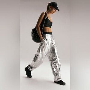 Free People Mesmerize Me Silver Metallic Cargo Pant NWT